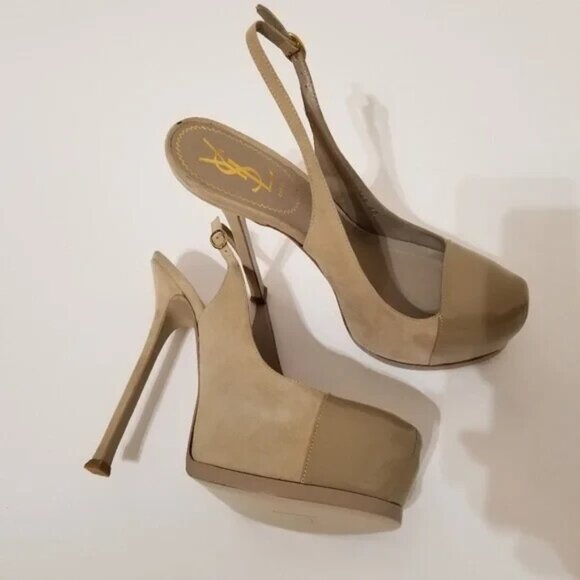 Yves Saint Laurant Tribtoo Embossed Suede Leather Slingback Pumps Heels Beige - Picture 5 of 7